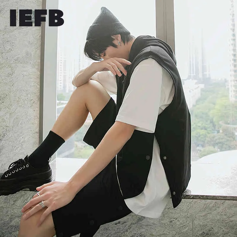 IEFB Men's Wear Black Sleeveless Waistcoat Coat Side Breasted Hooded Off Shoulder Vest Loose Big Size Korean Men's Cloth9Y6703 210524