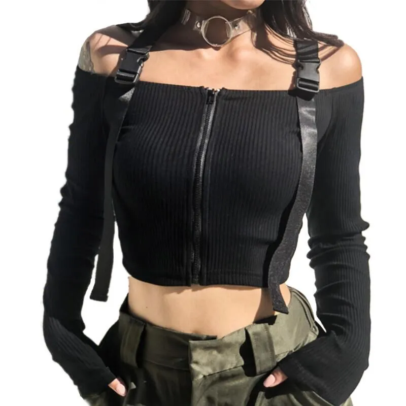 Bahar T Gömlek Kadınlar Uzun Kollu T-Shirt Kırpma Üst 2020 Kore Moda Stil Feminina Örme Pamuk Siyah Seksi Kısa Tişört Y0508