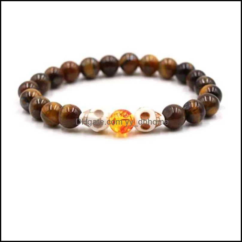 New Arrival Natural Turquoise Head Genuine Lava Stone Tiger Eye Skull Bracelet