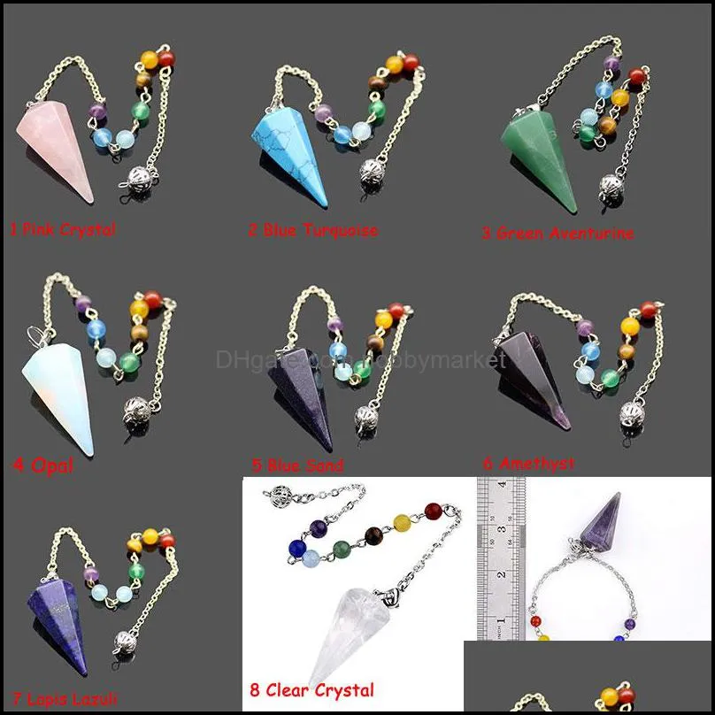 Natural Stone Quartz Gemstone Rock 7 Chakra Healing Crystal Hexagonal Pointed Reiki Chakra Pendant Dowsing Pendulum Balance Meditation