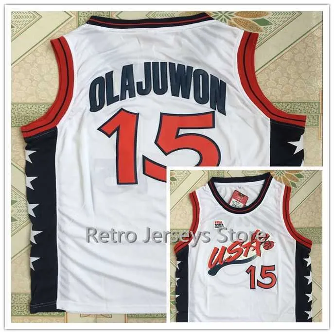 ＃6ペニー・ハーダウェイ＃4チャールズ・バークリー＃15 HAKEEM OLAJUWON TEAM USA VINTAGEスローバックバスケットボールジャージ、100％刺繍ステッチ