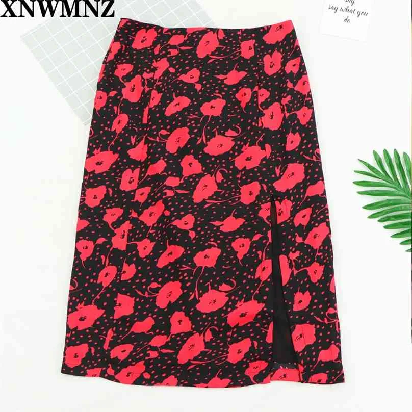 Vintage Split Women Skirts Midi Casual Red Floral Print France Black 210520