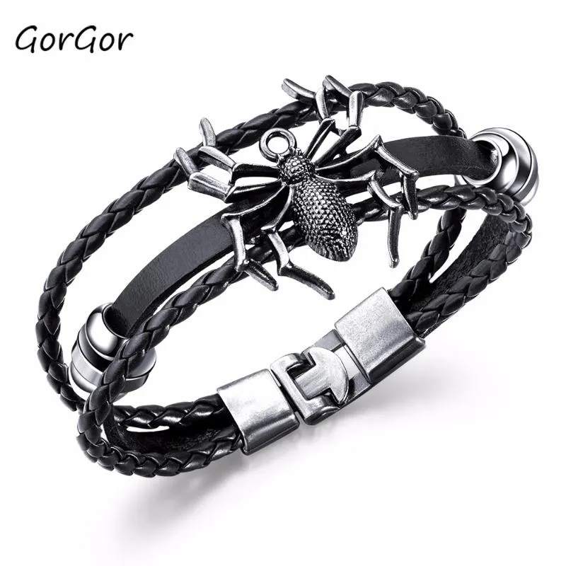 GorGor Cool Retro Style - Venta de pulsera tejida a mano de múltiples capas de cuero de vaca Spider Creative Simplicity Fashion para hombre 1362 Bangle