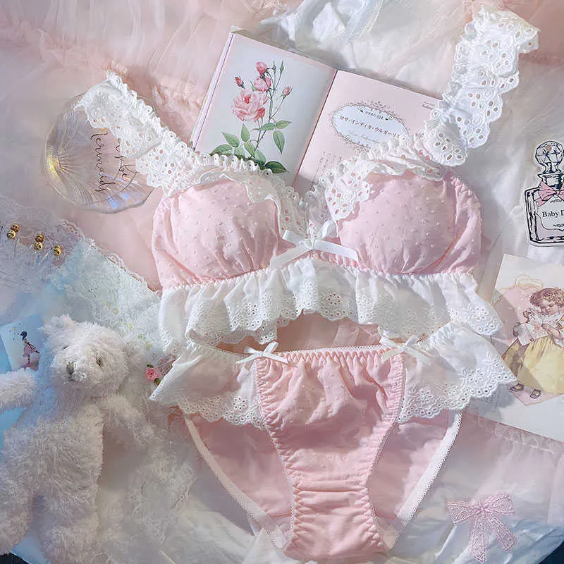 Lolita Kawaii Lingerie Lingerie Laço Rosa Sutiã E Calcinha Set