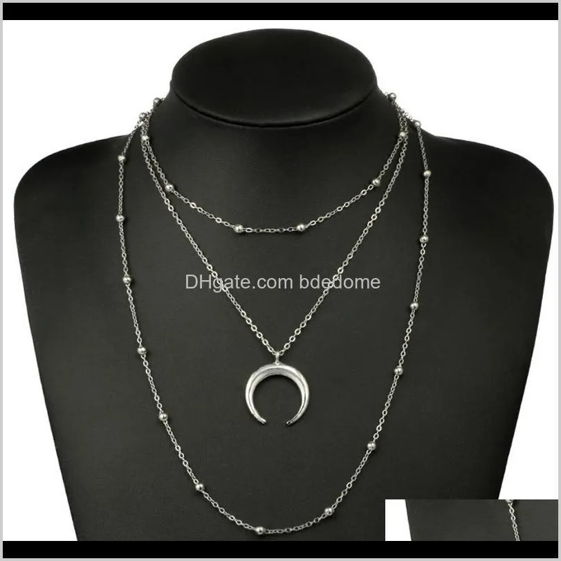 three layers necklace metal bead charm chain choker moon ox horn pendant silver gold color plated for women sexy gift