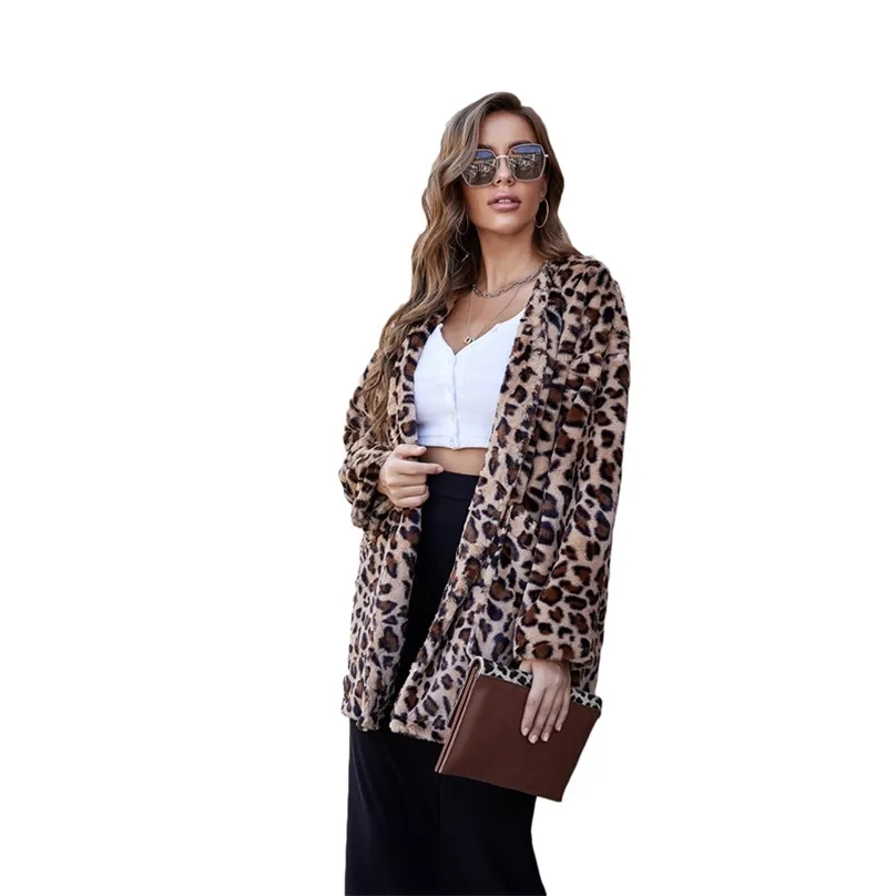 Herfst Leopard Print Mid-length Coat Dames Mode Elegante Losse Pluche Jas met Pockets Faux Bont Vrouwelijke LR1310 210531