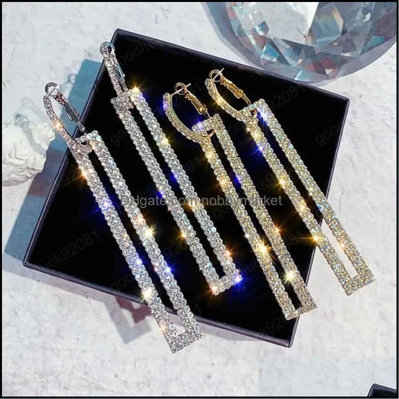 Dangle Kroonluchter Oorbellen Sieraden Glanzende Mode Lange Geometrische Drop Earring Luxe Rec Rhinestone Woman Koreaanse levering 2021 W9hi2