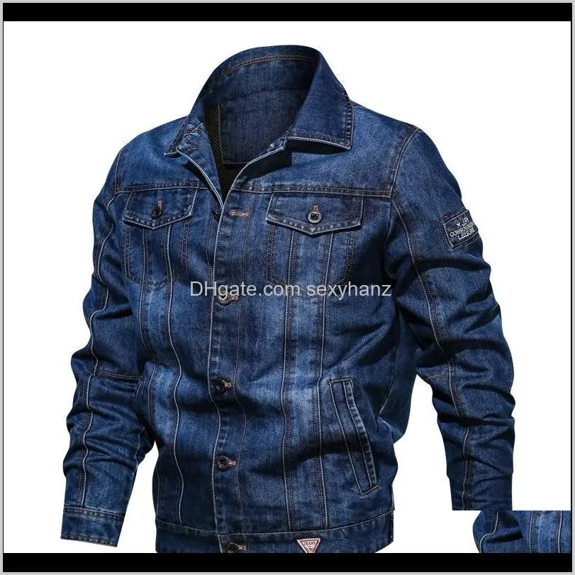 casual men`s denim jacket large size washed buttons multi pocket pocket lapel jacket long sleeve solid color autumn