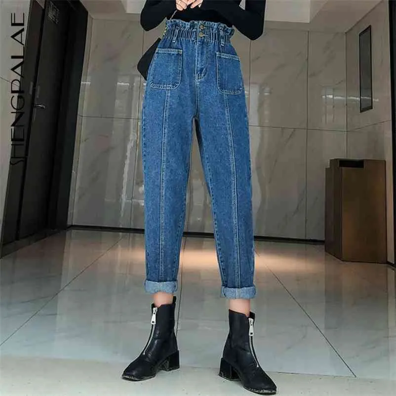 Shengpalae moda mola mola vintage jeans mulher cintura alta calças longas cowboy fêmea solta streetwear za2644 210629