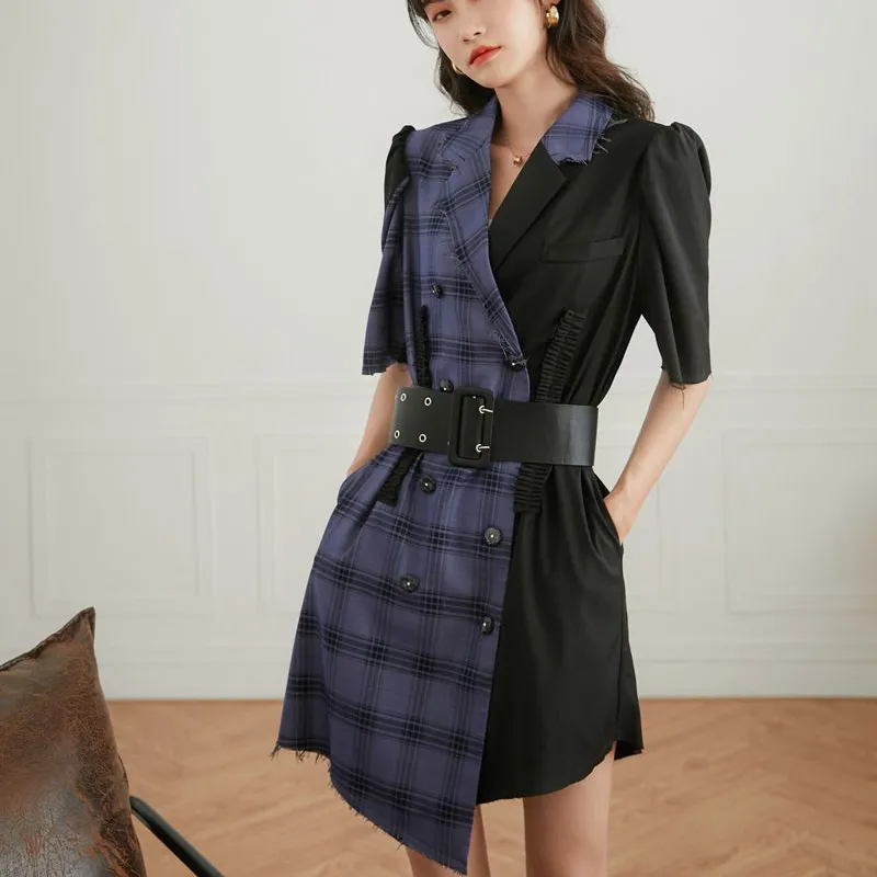 Taille haute couture à manches courtes costume robe contrastante violet noir Plaid court femme lâche mode femmes 830A 210420