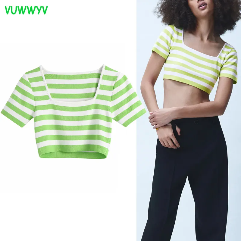 Moda Yeşil Mavi Çizgili Örgü Kırpma Üst Kadın Yaz Rahat Spor Ince Kadın Bluzlar Kısa Kollu Elastik Nervür 210430 Tops