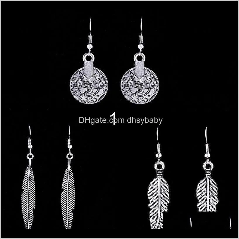 hot retro bohemian boho womens antique silver simple leaf charm hook dangle earrings tribal gypsy coin pendant drop earrings