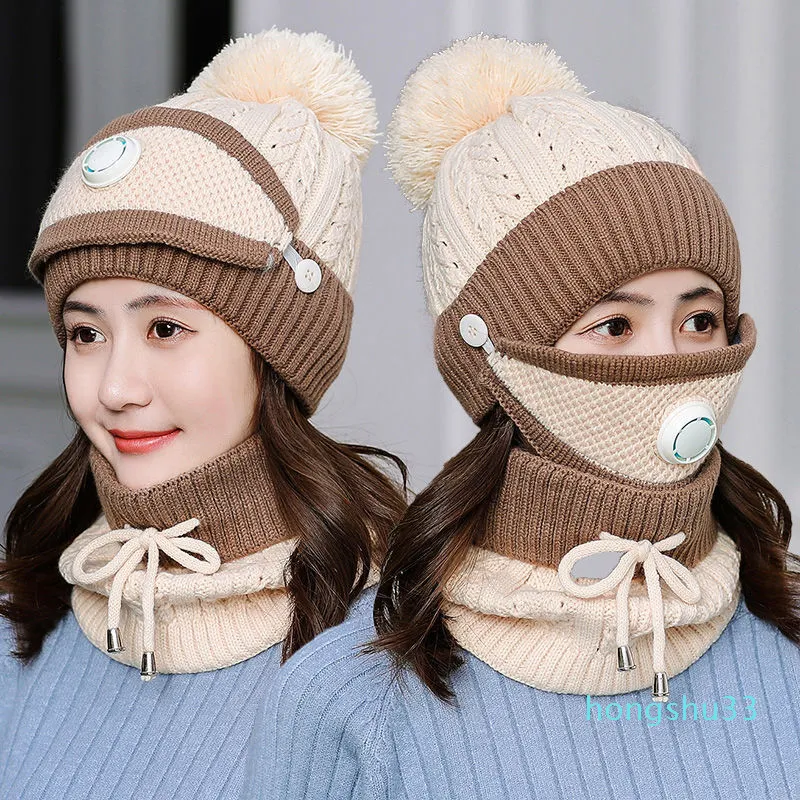 Novo chapéu de malha e lenço com conjunto de máscara para mulheres mais gola de veludo grosso conjunto para mulheres chapéu de boina de inverno para mulheres chapéu quente e lenço conjunto