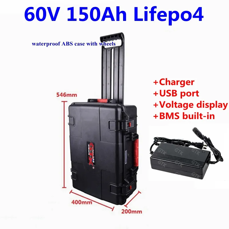 Waterprroof Lifepo4 60V 150Ah 130Ah 100Ah Lithium battery pack with BMS for trolling motor motorcycles outdoor power+10A charger