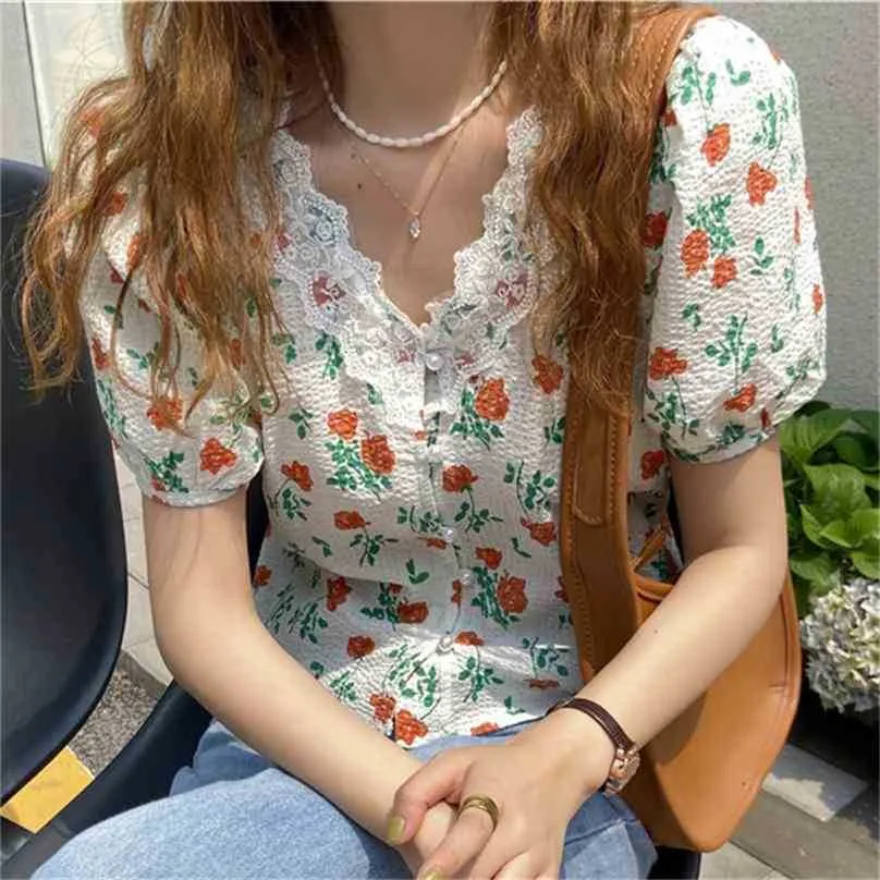 High Street Printed V-Neck Lace Girls Casual Mangas cortas Florales Sweet Basic OL Summer Gentle All Match Shirts 210525