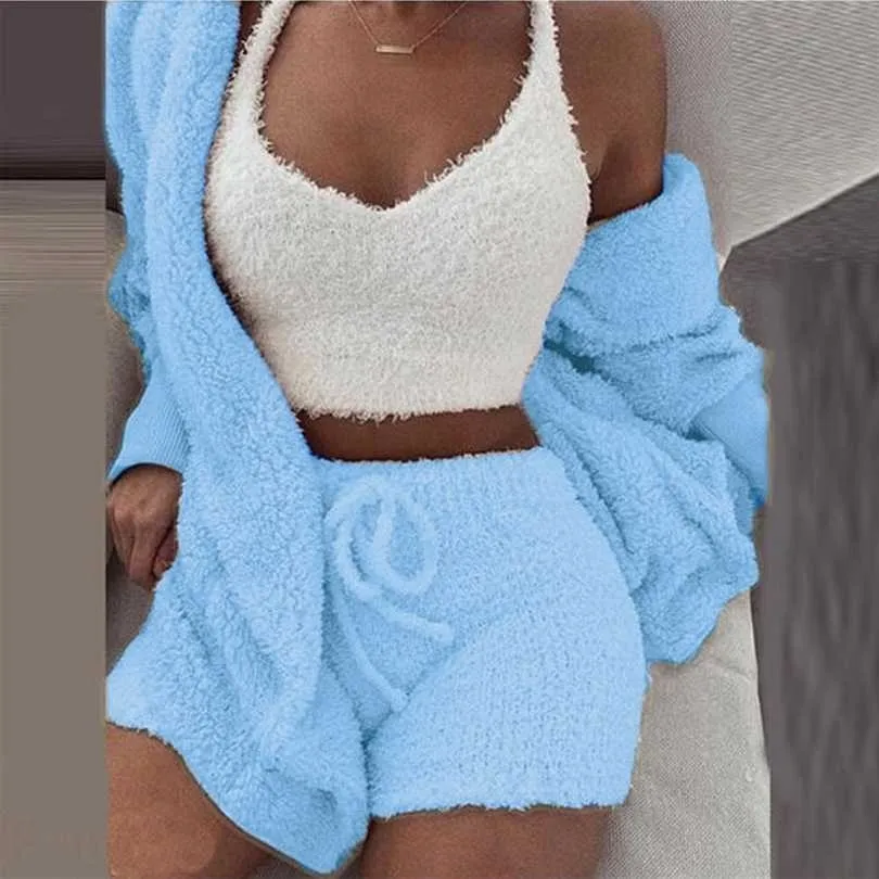 3PCS Pajama Set Women Sexy Fluffy Suit Velvet Plush Robe Soft Warm Sleeveless Sweater Loungewear Pijamas Mujer Sleepwear 211215