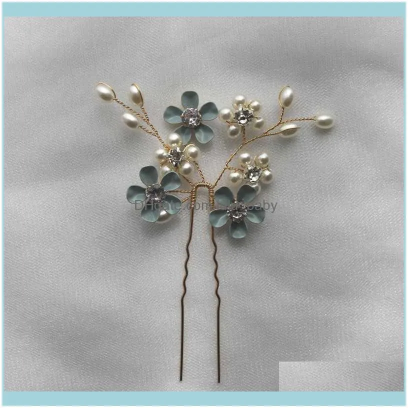 Hand Painted Blue Blossom Hair Pins Bridal Clips Pearls Wedding Jewelry Handmade Women Headpiece