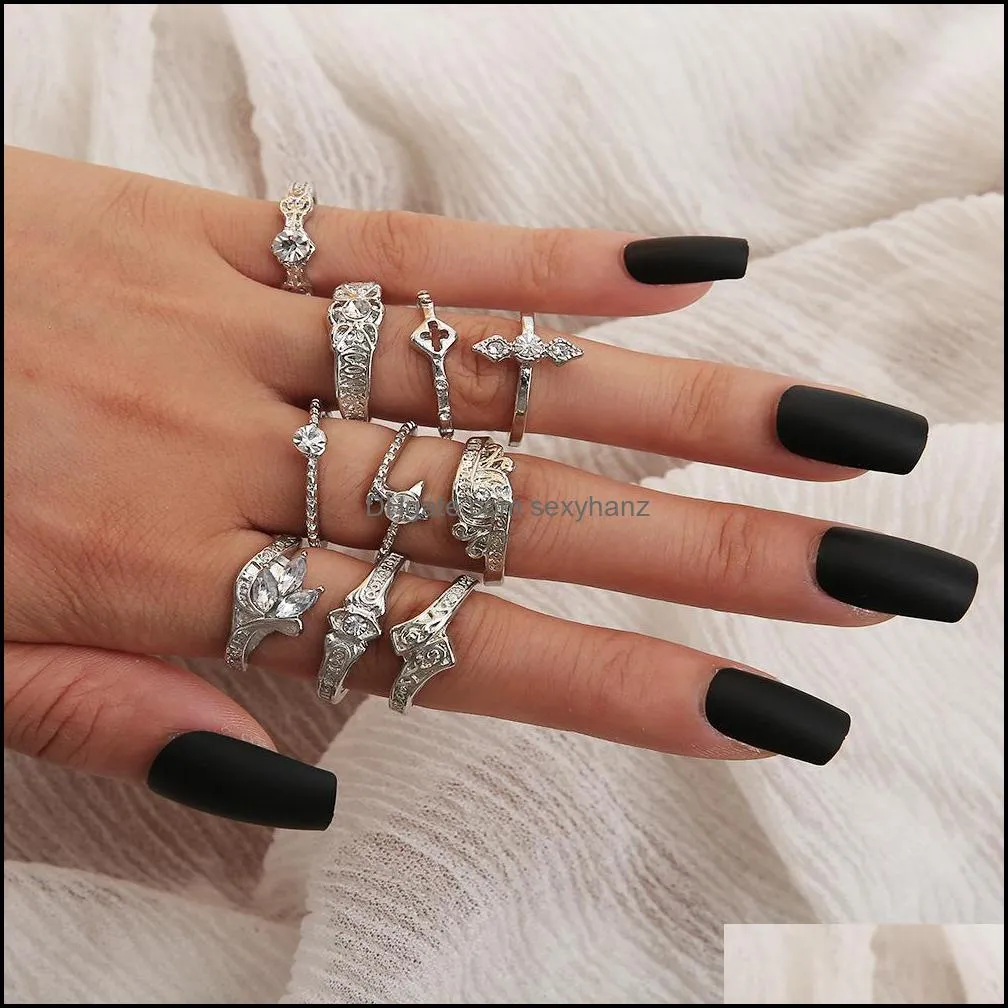 S2225 Fashion Jewelry Knuckle Ring Set Hollow out Rhinstone Flower Stacking Rings 11pcs/Set