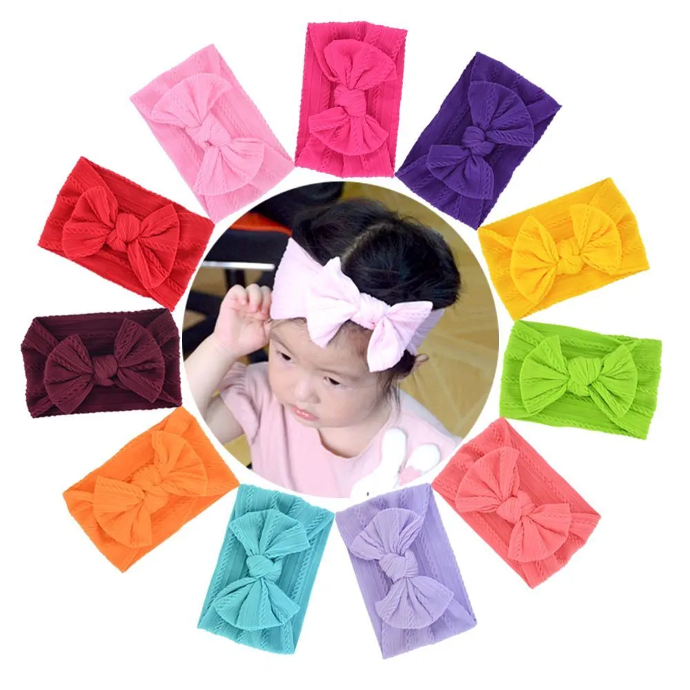 Bandeau en Nylon tricoté par câble côtelé de 24 couleurs, bandeaux élastiques en Nylon doux, bandeau à nœud papillon, couvre-chef pour enfants filles