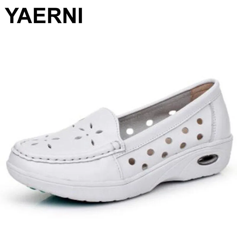 Printemps été blanc chaussures femme creux en cuir véritable sandales confort coussin d'air baskets décontractées