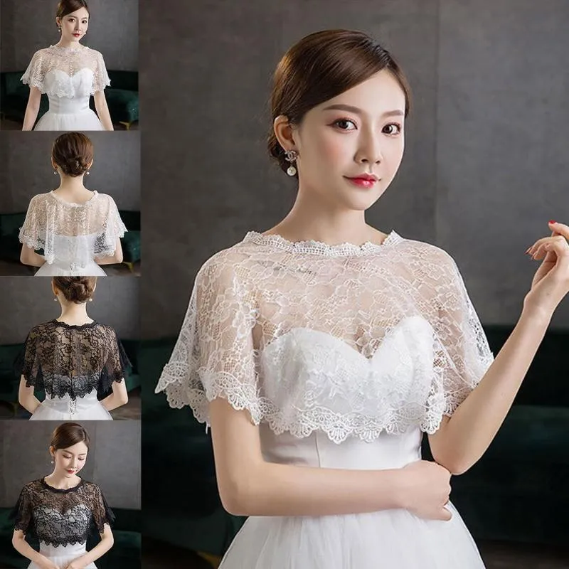 Wraps & Jackets Women Embroidery Floral Lace Shawl Wrap Wedding Bridal Bolero Cover Up See-Through Prom High Low Shrug Cape Tulle Jacket