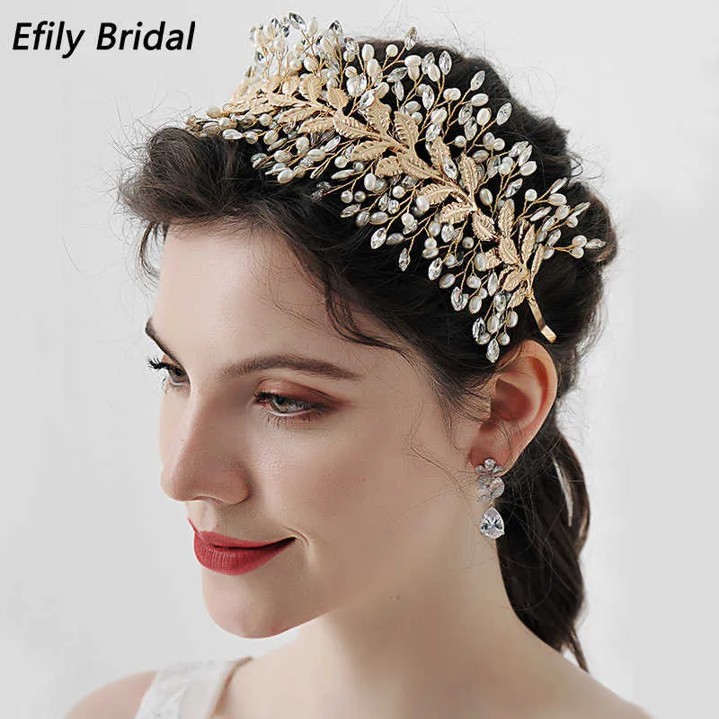 Efily Handmade Leaf Pearl Bridal Tiaras and Crowns for Women Hair Accessories Wedding Crystal Hair Jewelry Bridesmaid Headpiece X0625