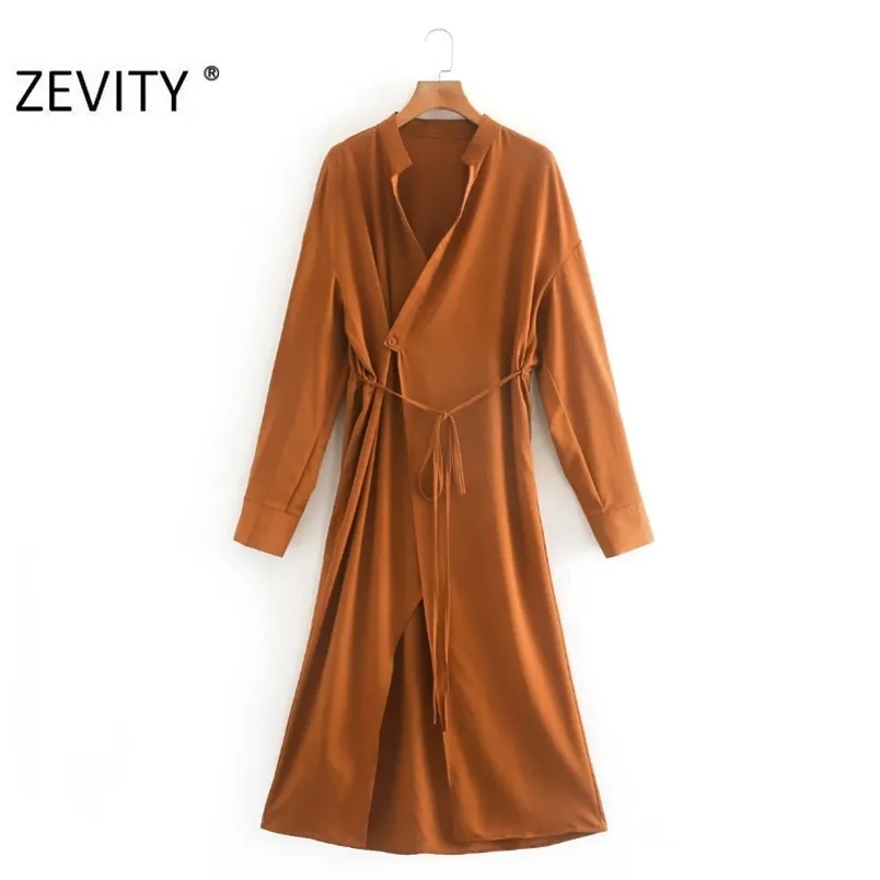 Femmes mode col montant couleur unie décontracté kimono wrap midi robe femme nœud papillon Vestidos loisirs robes DS4316 210420