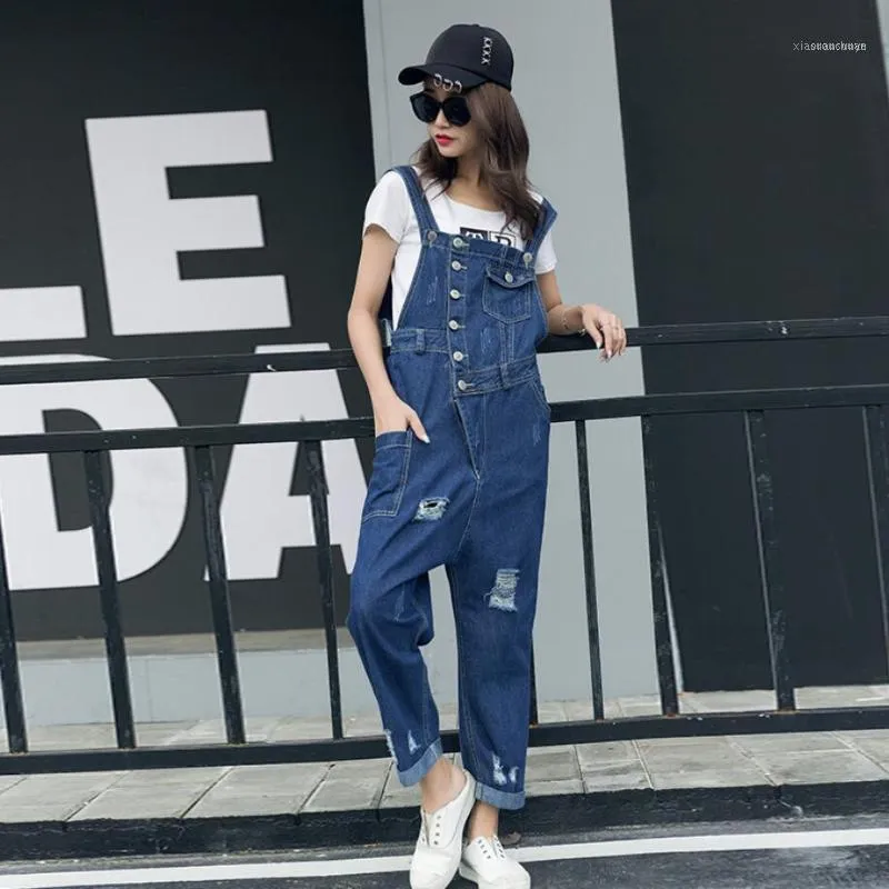 Kvinnors Jumpsuits Rompers 2021 Spring Suspenders Women Loose Holes Ripped Denim Bib Overells Casual Distressed Wide Leg Jeans R3201