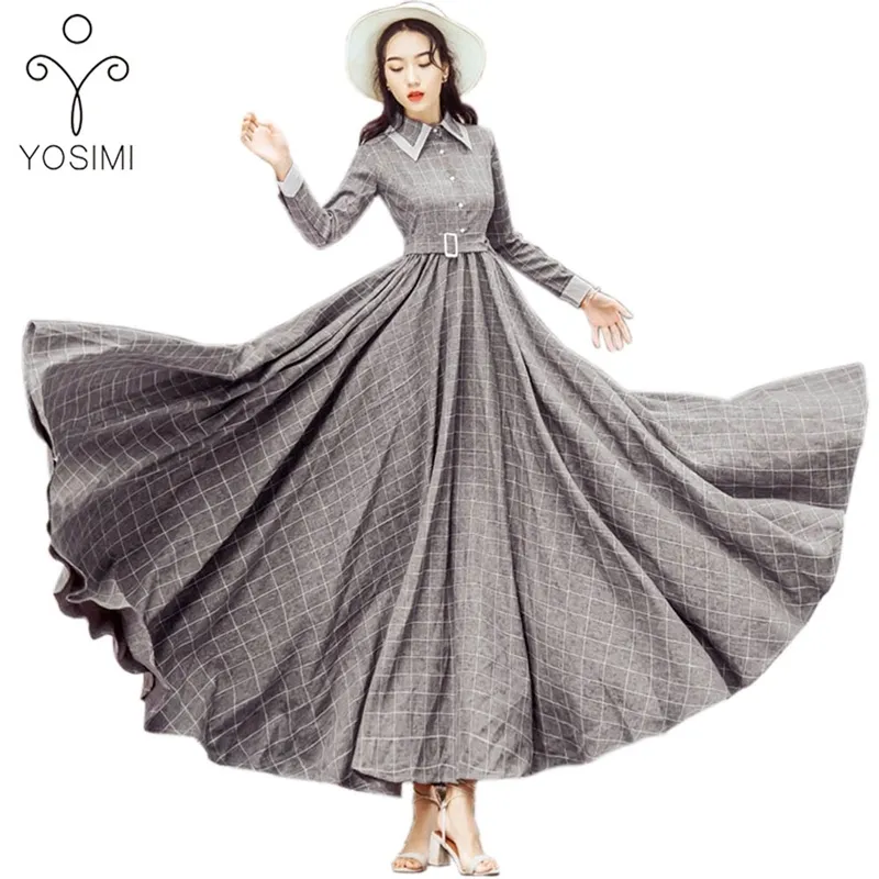 Yosimi höst vinter maxi vintage plaid långa kvinnor klänning ullgrå tröja klänningar kvinnlig vestidos kväll fest kostymer 210604