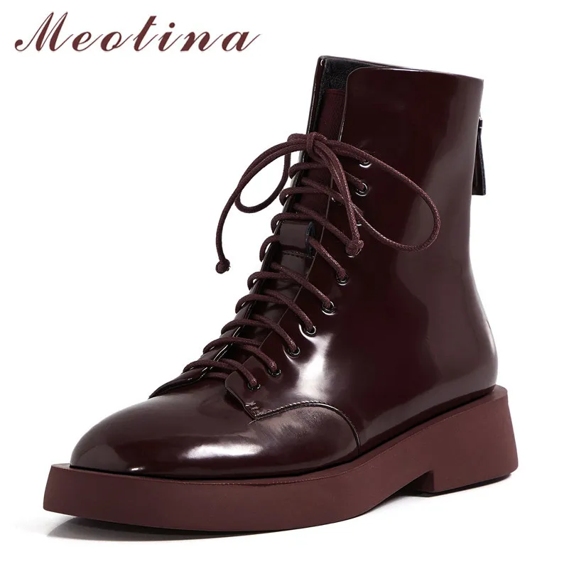 Meotina Ankle Boots Women Shoes Genuine Leather Flats Platform Motorcycle Boots Zip Cross Tied Short Boots Ladies Autumn Winter 210520