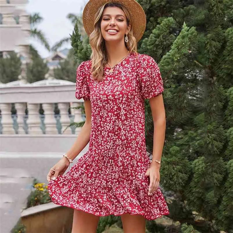 Foridol Floral Imprimer Robe Rouge Femmes Casual A-ligne Robe d'été surdimensionnée Plage Courte Vintage Boho Robe Plus Taille 210415