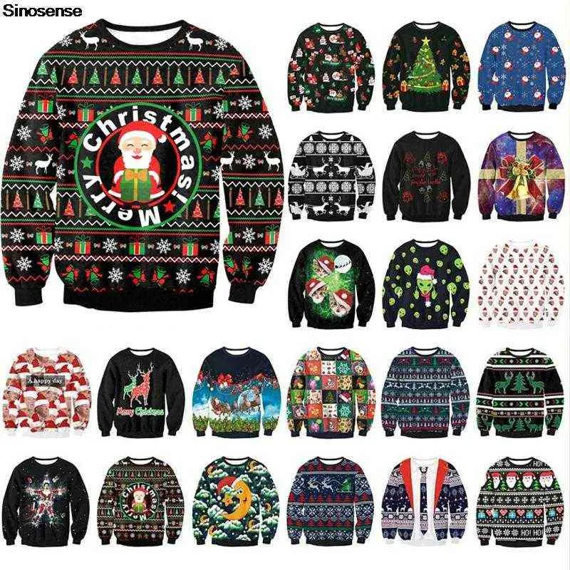 Kobiety Mężczyźni Santa Ugly Boże Narodzenie Sweter Unisex Crew Neck Bluza 3D Funny Print Jesień Zima Wakacyjny Party Xmas Bugers Topy Y1118