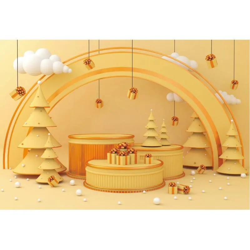Decoração de festa de Natal Caso -pano de fundo amarelo Caixa de presente de árvore nuvens de pografia Backgry Family Po Booth Studio adereços