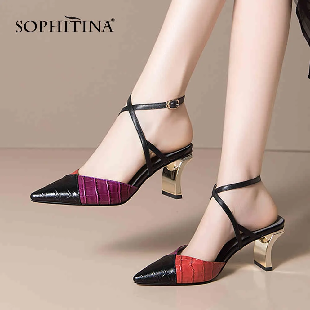 SOPHITINA Slingbacks Sandals Women Sexy Pointed Toe Metal Plating Heels Mixed Colors Sandals Concise Plus Size Shoes Women SO490 210513