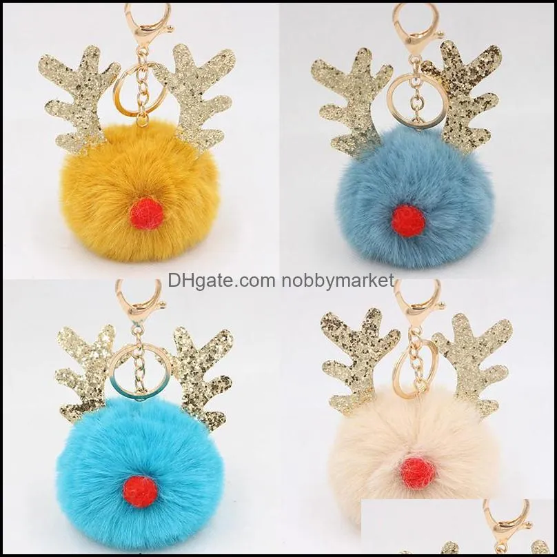 Fur Pom Pom Keychain Fake Rabbit Hair Ball Keychain Porte Clef Pompom De Fourrure Fluffy Bag Charms Christmas Antler Keyring