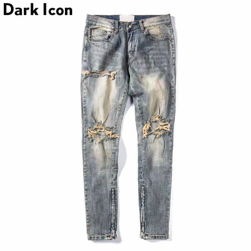 Jeans rasgados con cremallera lateral Hombres Stoashed Destroyed Jeans para hombres 210603