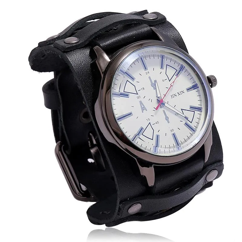 Genuine Leather Pointer Watch For Men Bracelets Women Male Bangles Wide Belt Strap Punk Vintage Retro Boho Gift Jewelry Wristwatch295E