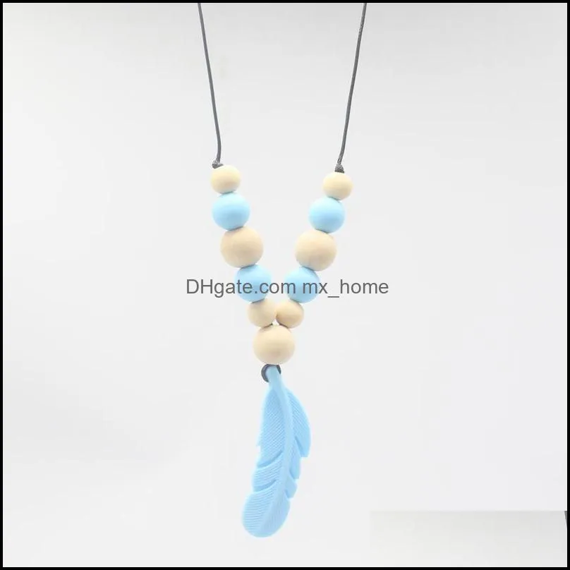 Baby Teething Toy Silicone+Wood Training kids Teethers Necklace Feather Pendant Necklace Chewing Toys Gifts Beads Pacifier C670