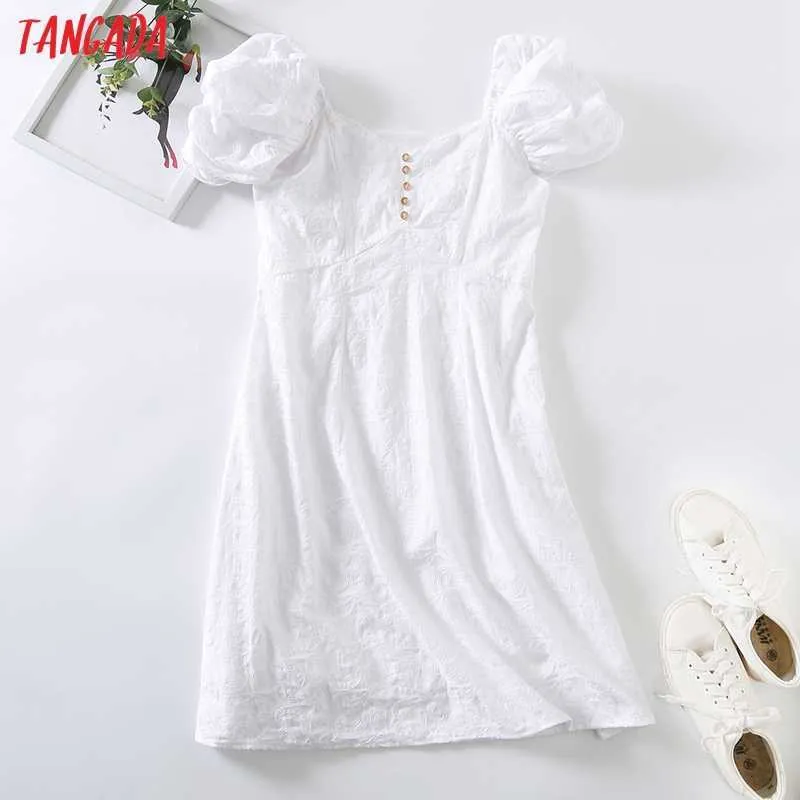 Tangada Women Embroidery Romantic White Dress Puff Short Sleeve Buttons Females Mini Dresses Vestidos 6H64 210609