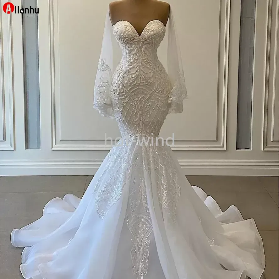 2022 Abiti da sposa eleganti a sirena bianca Abiti da sposa Perline Applique in pizzo Abito da matrimonio arabo nigeriano Robe De Mariee EE