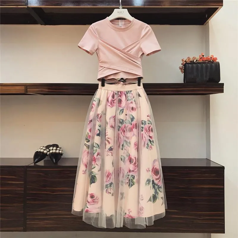 Two Piece Dress Women Print Rose Set 2021 Spring Summer Fashion Bandage Cross Cotton Blouses Tops And Long Midi A-line Skirts Suit