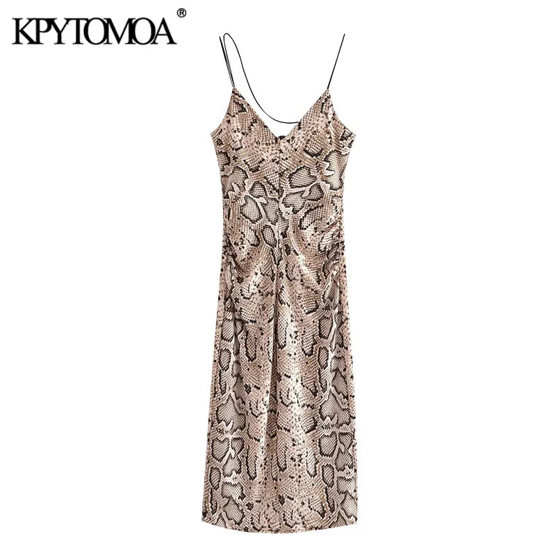 Women Sexy Fashion Snake Print Midi Dress Vintage Backless Zipper Thin Straps Female Dresses Vestidos Mujer 210416