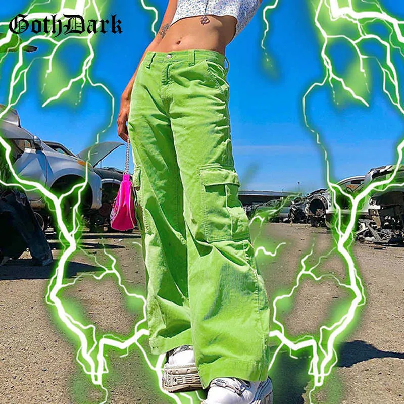 Goth donkere y2k stijl harajuku groene corduory broek e-girl breed been met zakken hoge taille broek losse straatwear voor vrouwen x0629