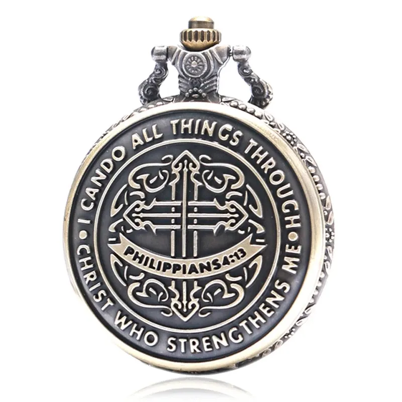 Vintage Style Pocket Watch Bible Philippians 4:13 Jesus Christ Christian Bronze Quartz Watches Women Men Gift Fashion Necklace