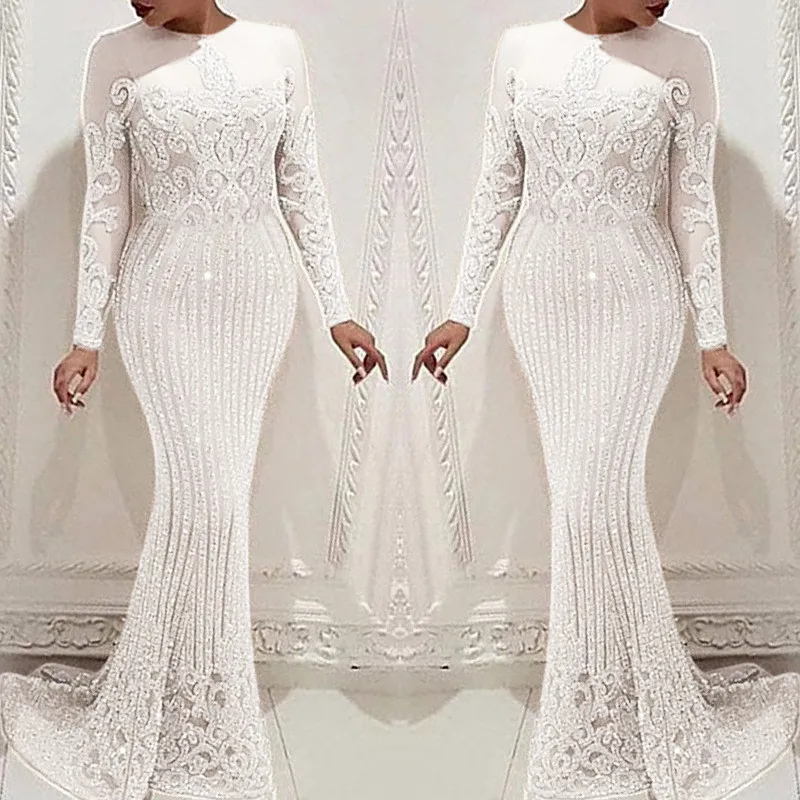 2022 White Sequined Evening Dresses Off Shoulder Long Sleeves Side Split Prom Celebrity Gowns Feather Sexy Plus Size Formal Party Dress