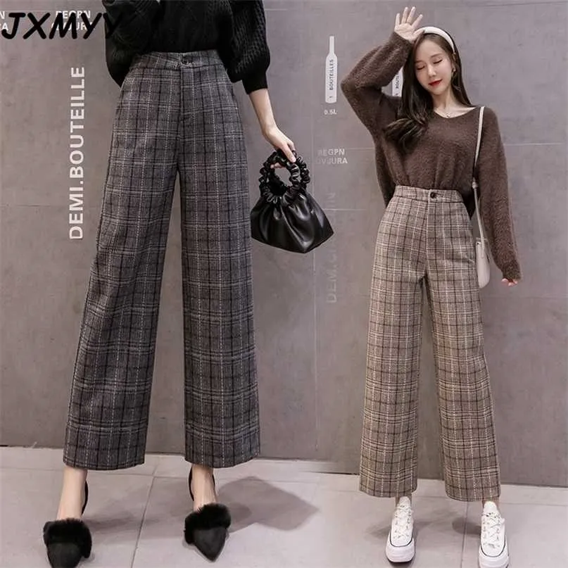 Autumn Winter Woolen Plaid Pants Women Elastic High Waist Ankle-length Pant Plus Size Harajuku Wide Leg Trousers Goth 211115