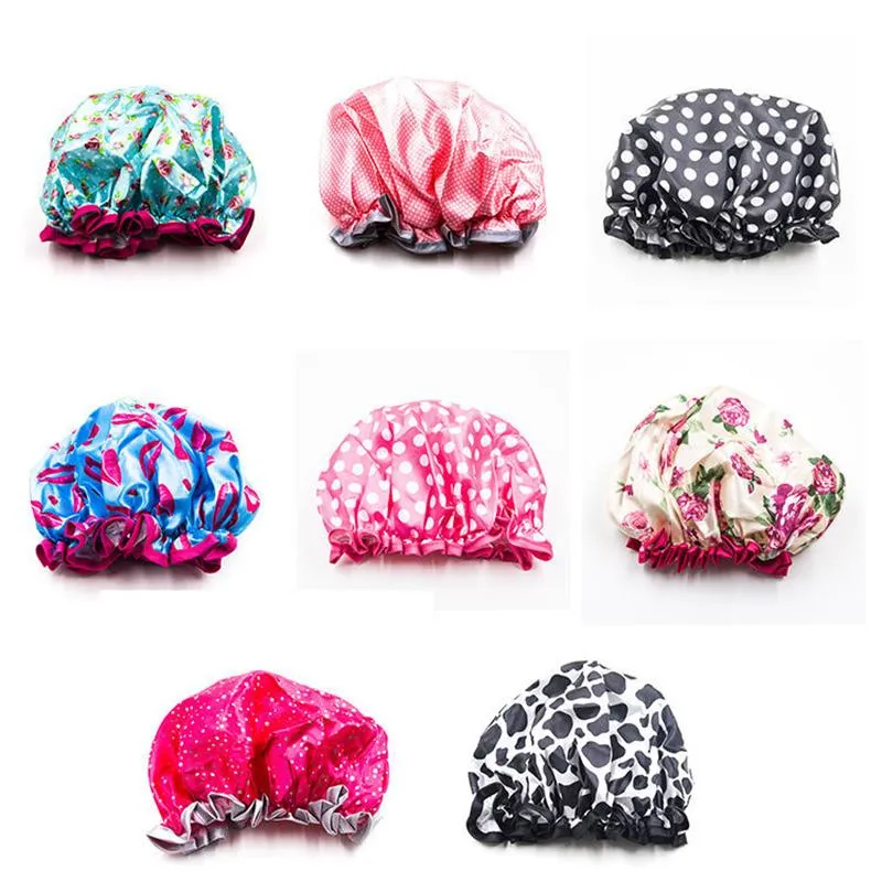 Ladies Double layer Satin Shower Cap Waterproof Padded European American Printing Caps Colorful Farmhouse Style Fine workmanship