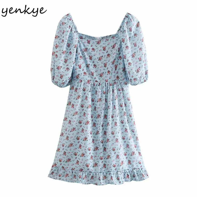 Summer Women Floral Print Chiffon Dress Female Sexy Square Neck Puff Sleeve Vestido A-line Mini Ruffle Sweet 210514