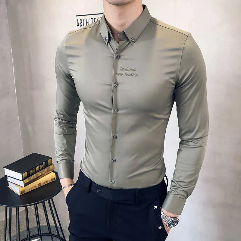 Color sólido Camisas para hombre Vestido de negocios Camisa social formal Alta calidad Casual Slim Fit Camisa de manga larga Blusa Homme 210527