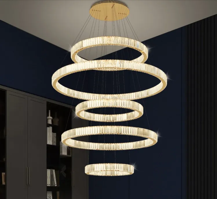 Villa Hoge Plafond Luxe K9 Crystal Kroonluchters Ring LED Dimbaar Hanglamp Ronde Goud / Chrome Stalen Lamp Deco Lighting